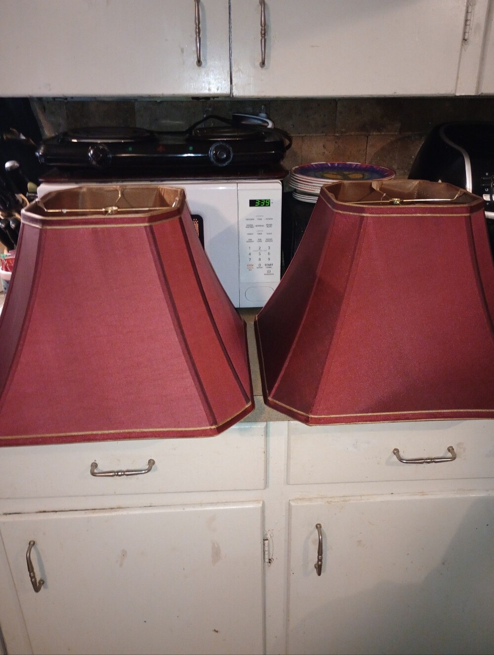 Pair Of  Burgundy/Gold Square Shaped Lamp Shades